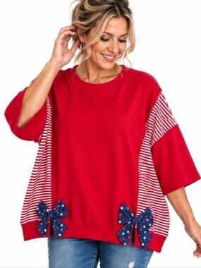 Rareraw women’s Large red striped bow pullover sweatshirt patriotic lagenlook